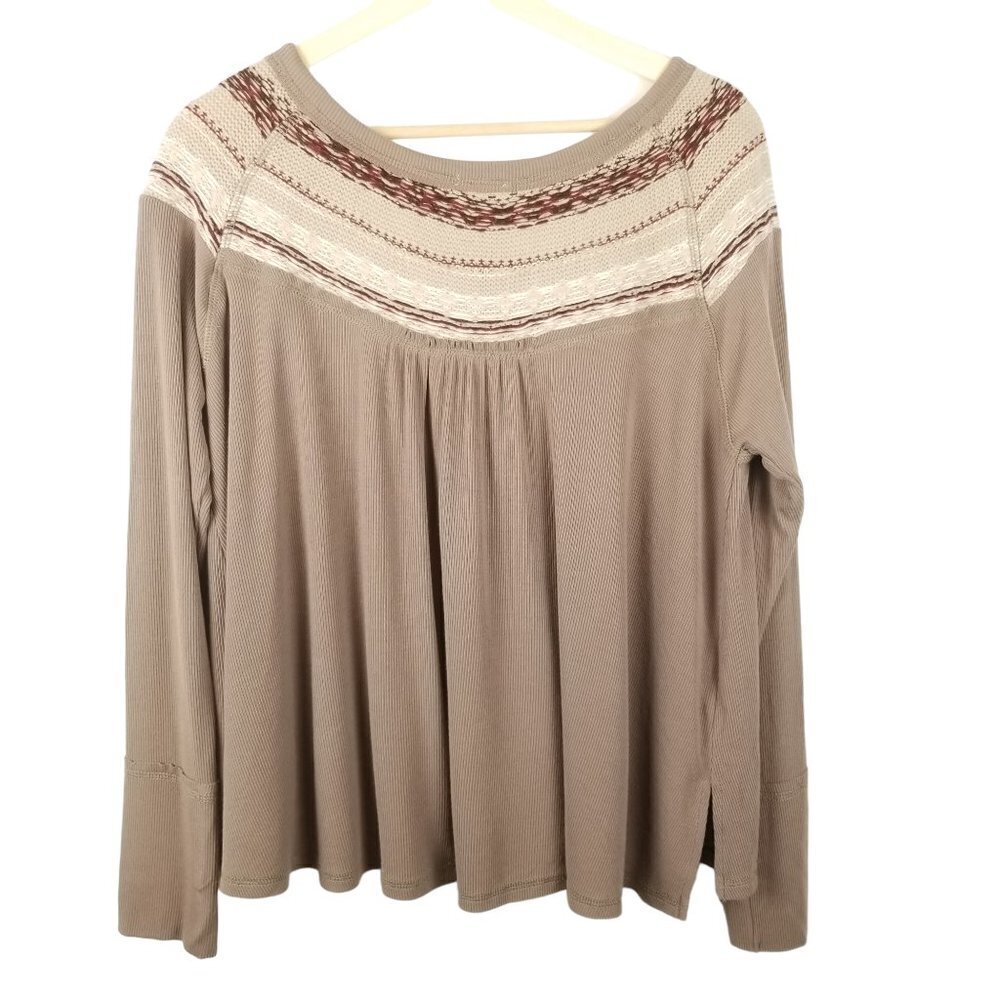 Umgee Small Shirt Ribbed Taupe Sweater Long sleeve Boho Cream‎ Red Knit